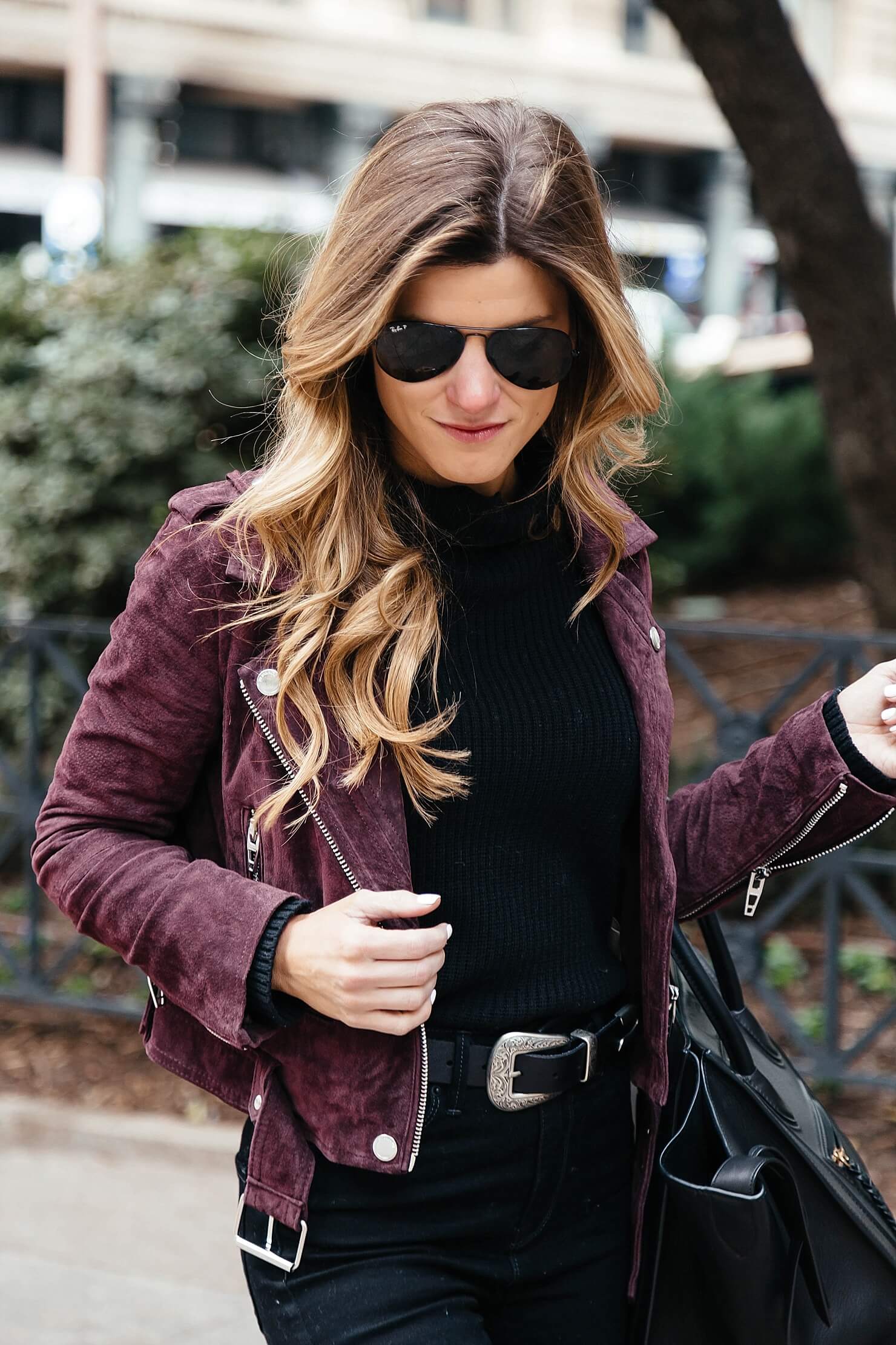 blankNYC burgundy suede biker jacket, suede moto jacket, all black outfit