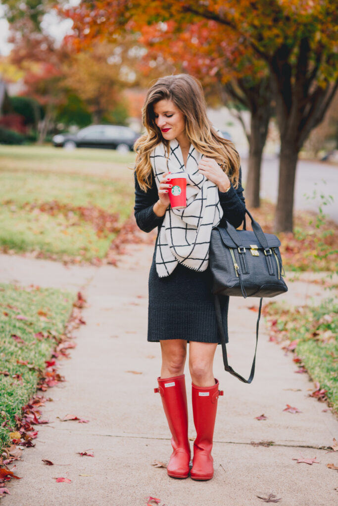 sweater dress and blanket scarf