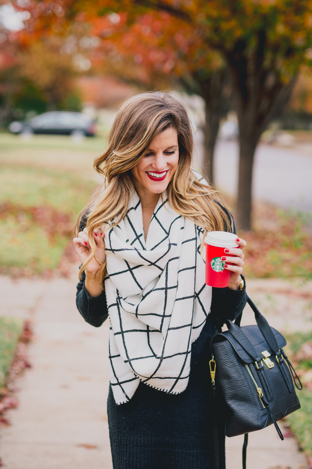 Black Sweater Dress + Check Blanket Scarf + Red Hunter Boots Fall Outfit