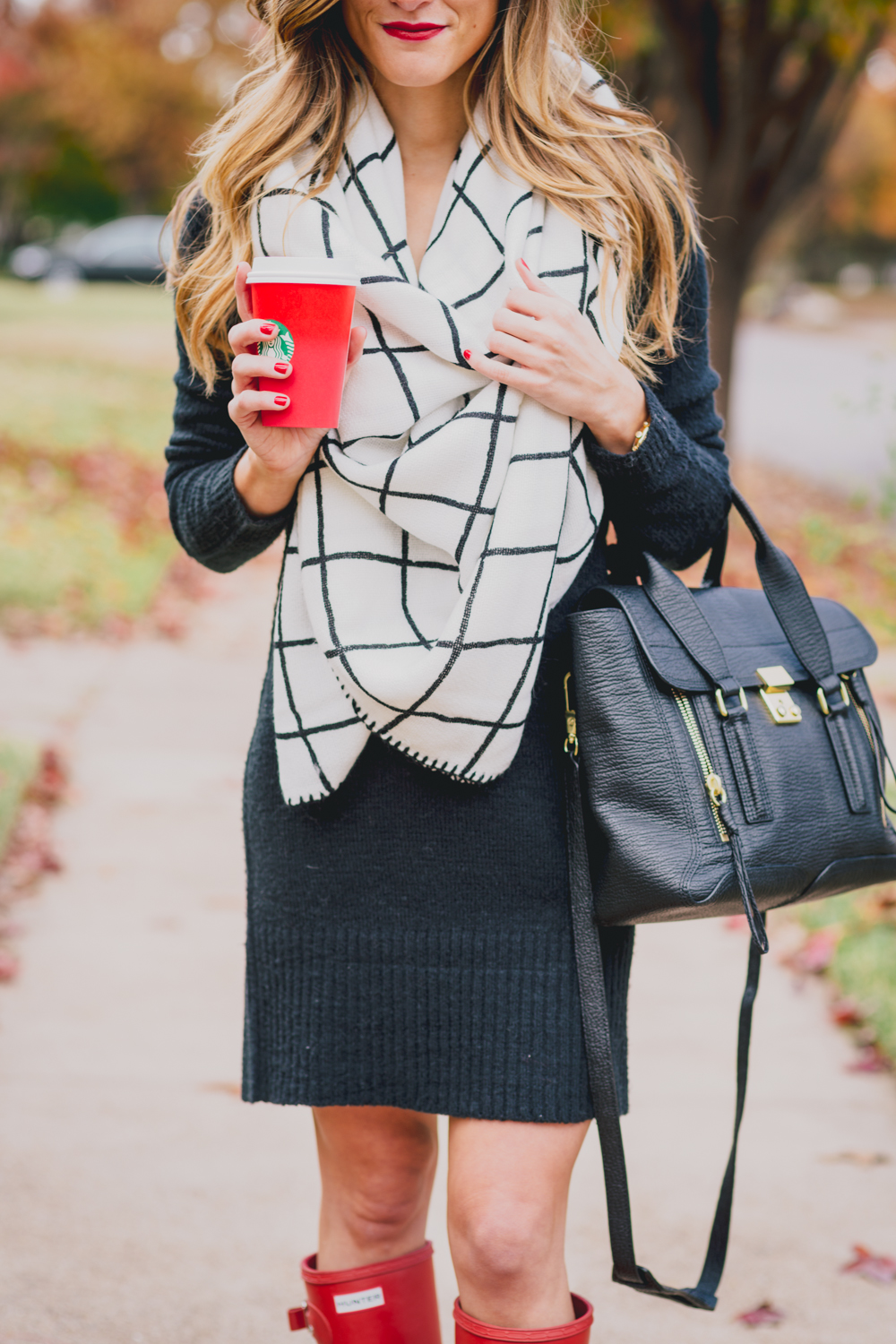 Black Sweater Dress + Check Blanket Scarf + Red Hunter Boots Fall Outfit