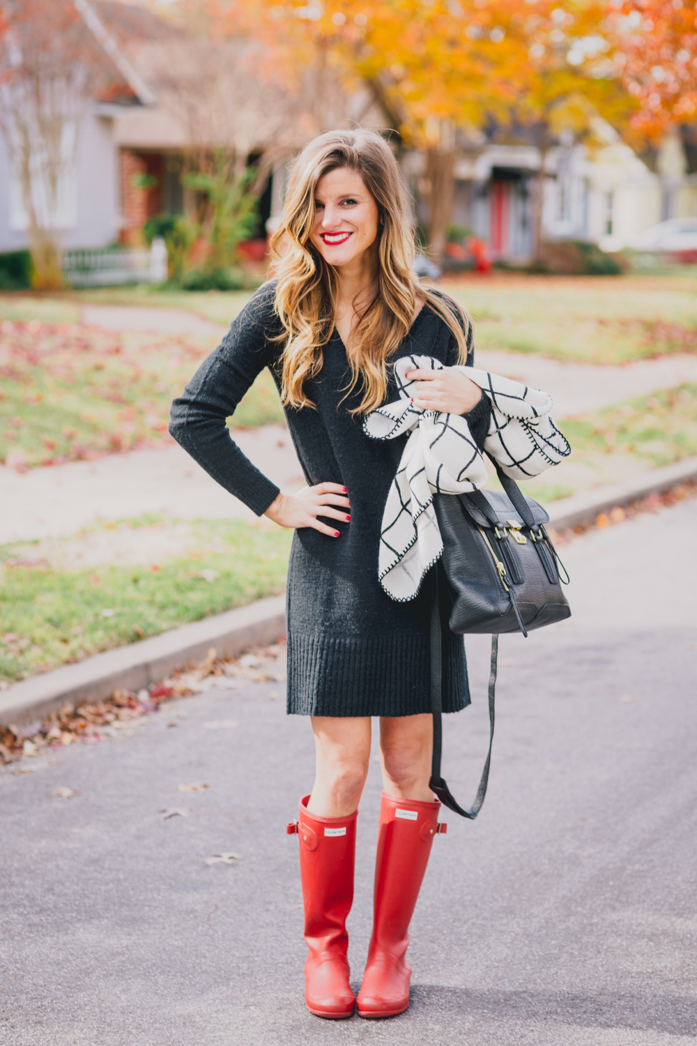 Black Sweater Dress + Check Blanket Scarf + Red Hunter Boots Fall Outfit