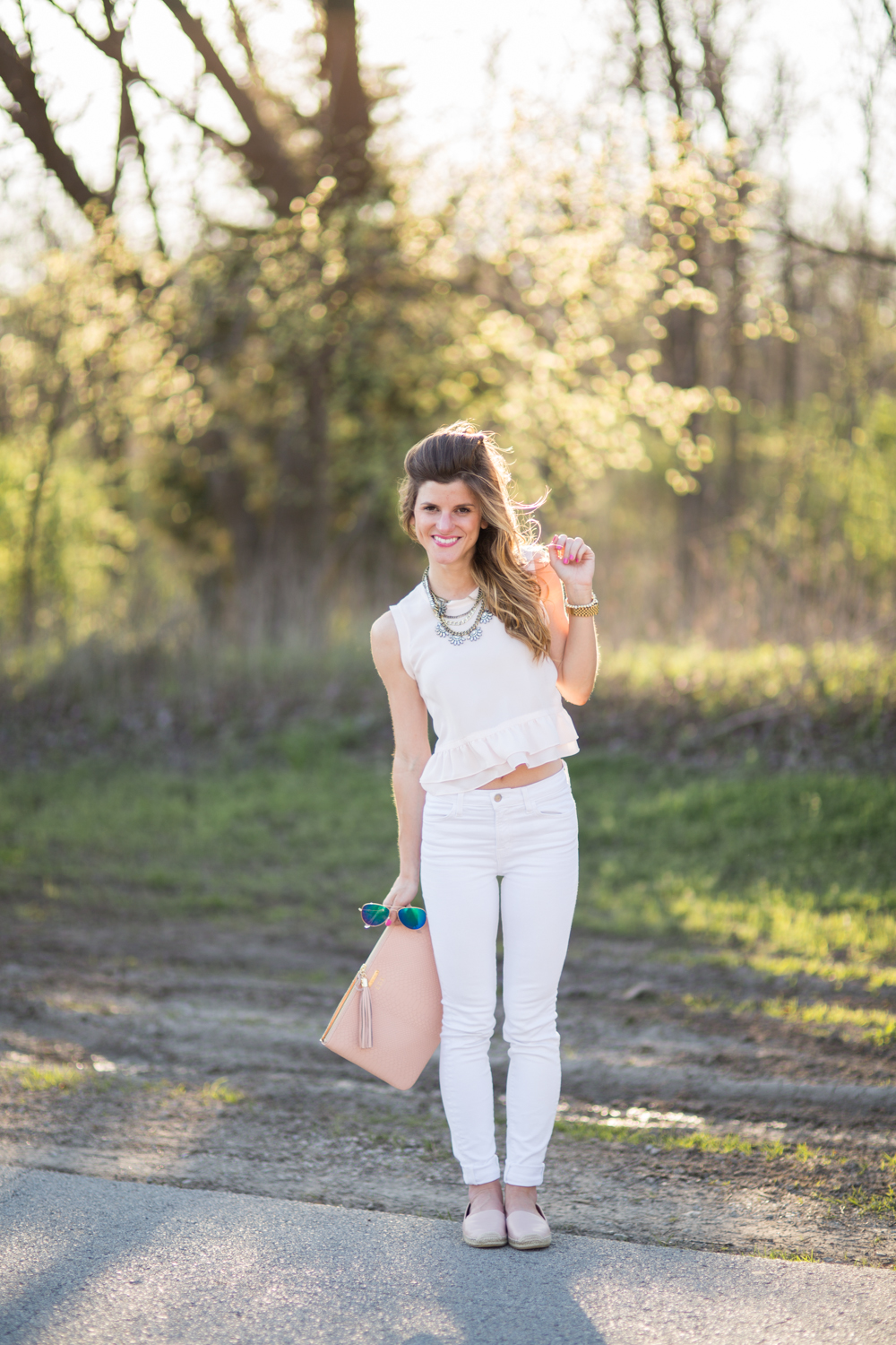 Blush Peplum Top and White Jeans7