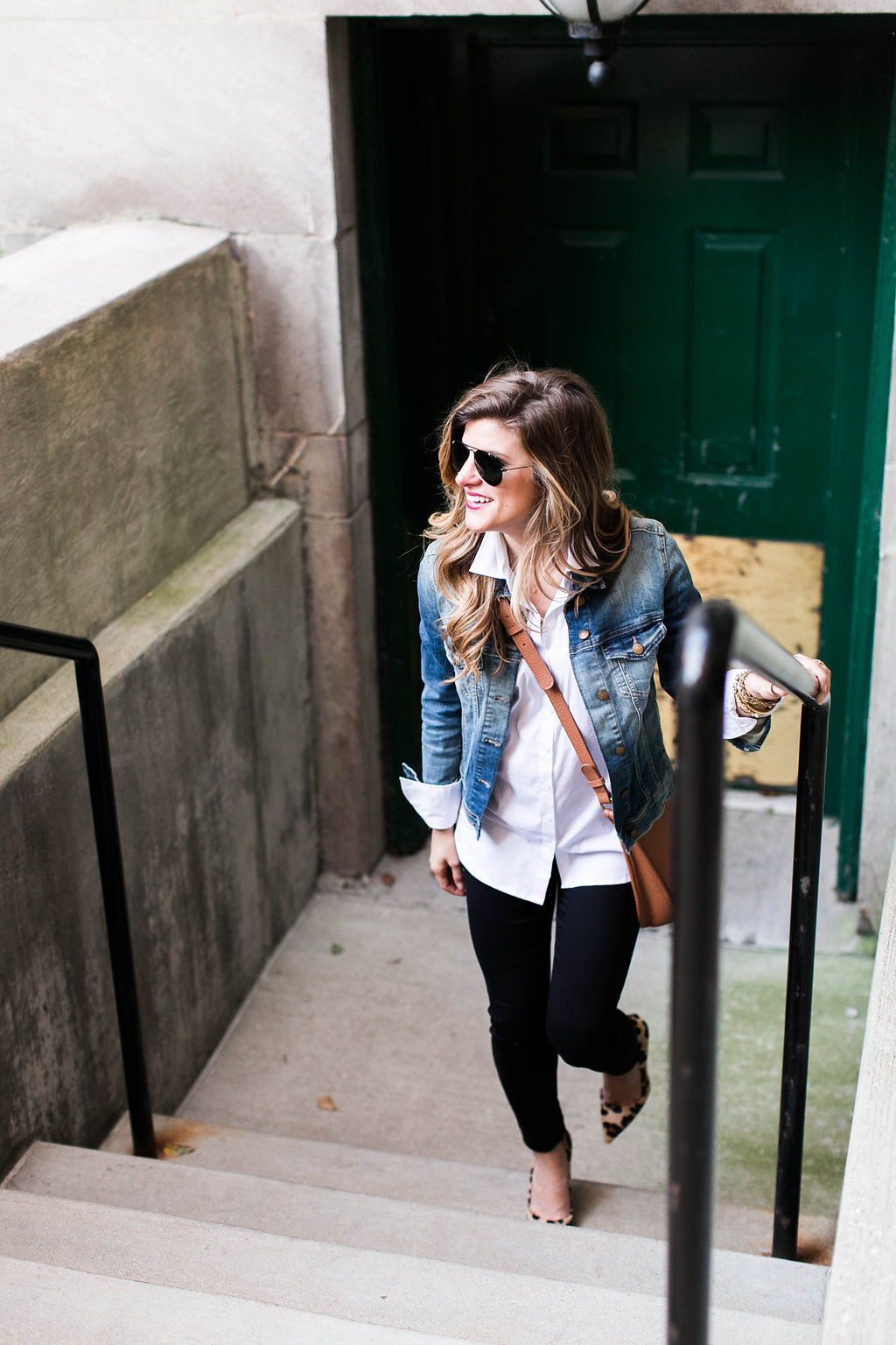 denim jacket and white button down and brown leather crossbody and leopard pointed toe heels