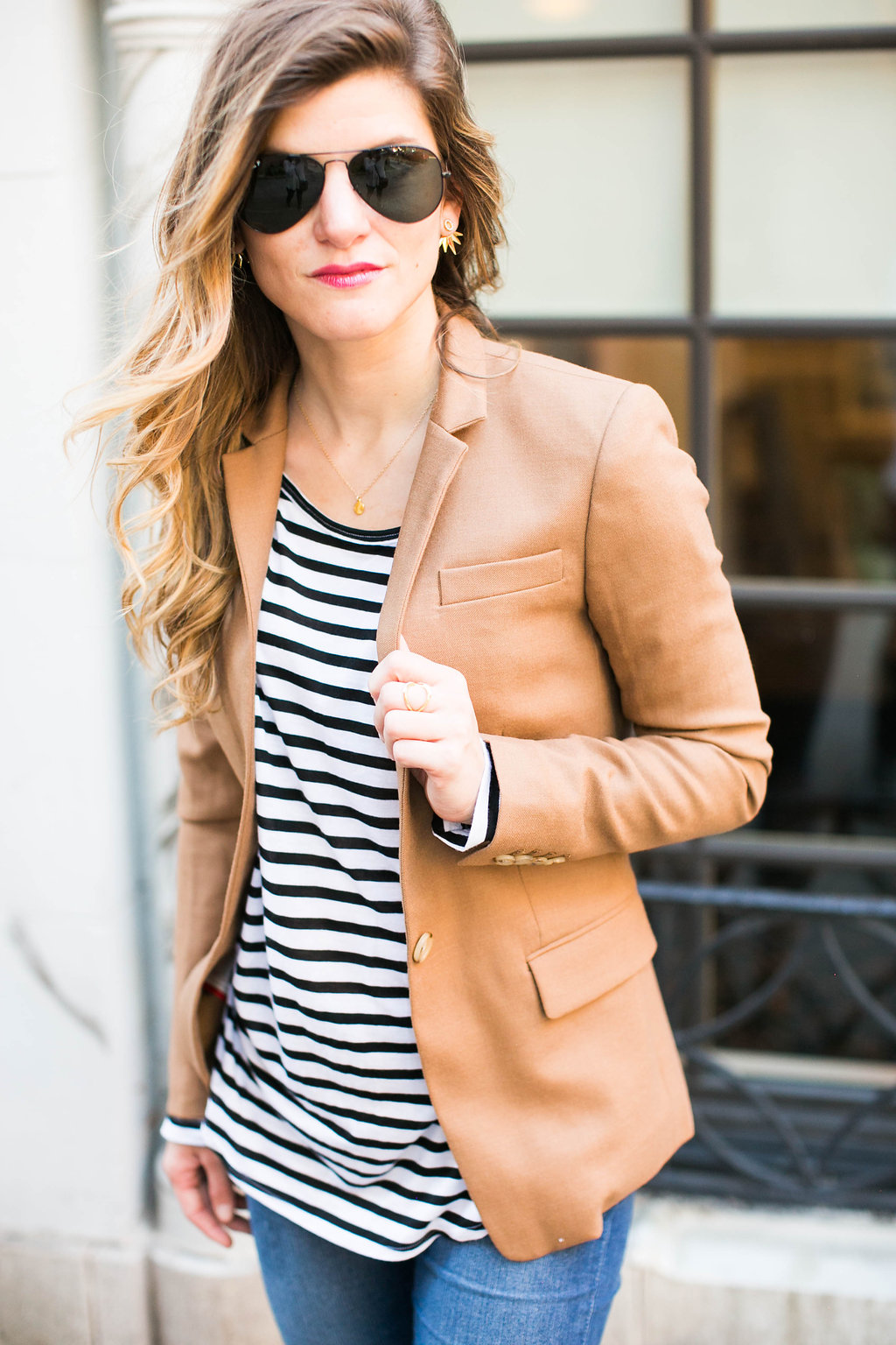 camel blazer and stripes and jeans outfit