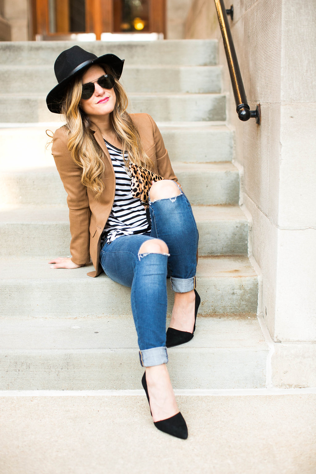 camel blazer and stripes and jeans outfit