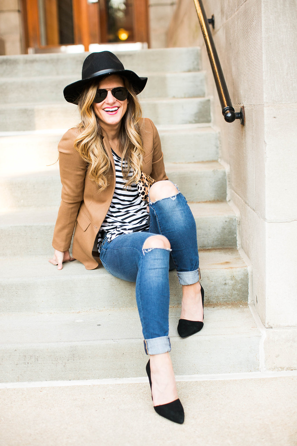 camel blazer and stripes and jeans outfit