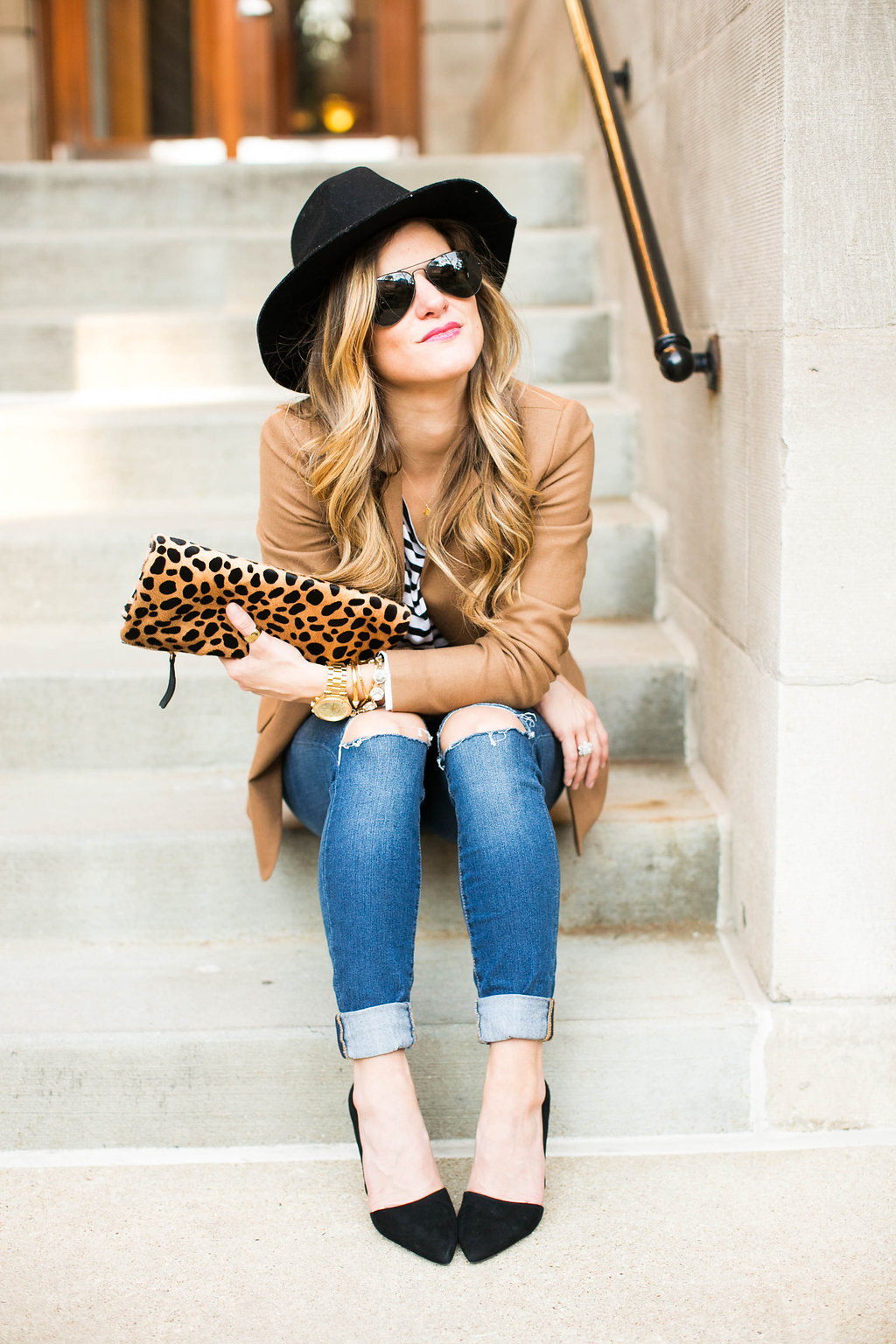 camel blazer and stripes and jeans outfit