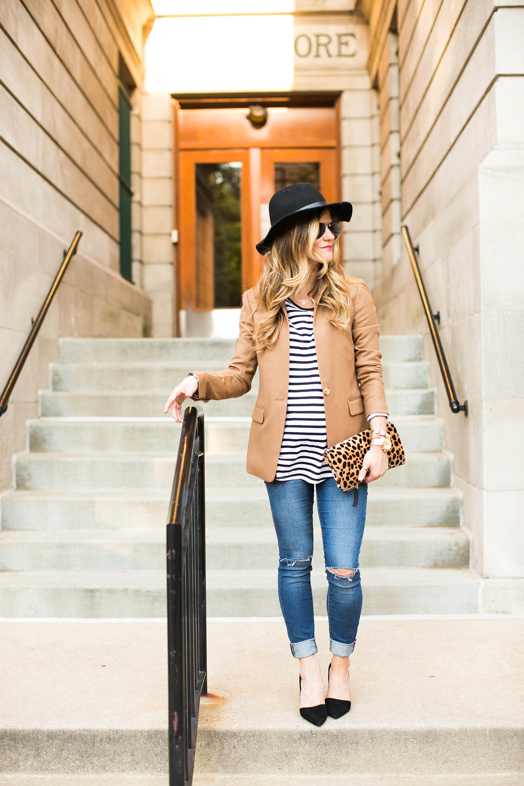 camel blazer and stripes and jeans outfit