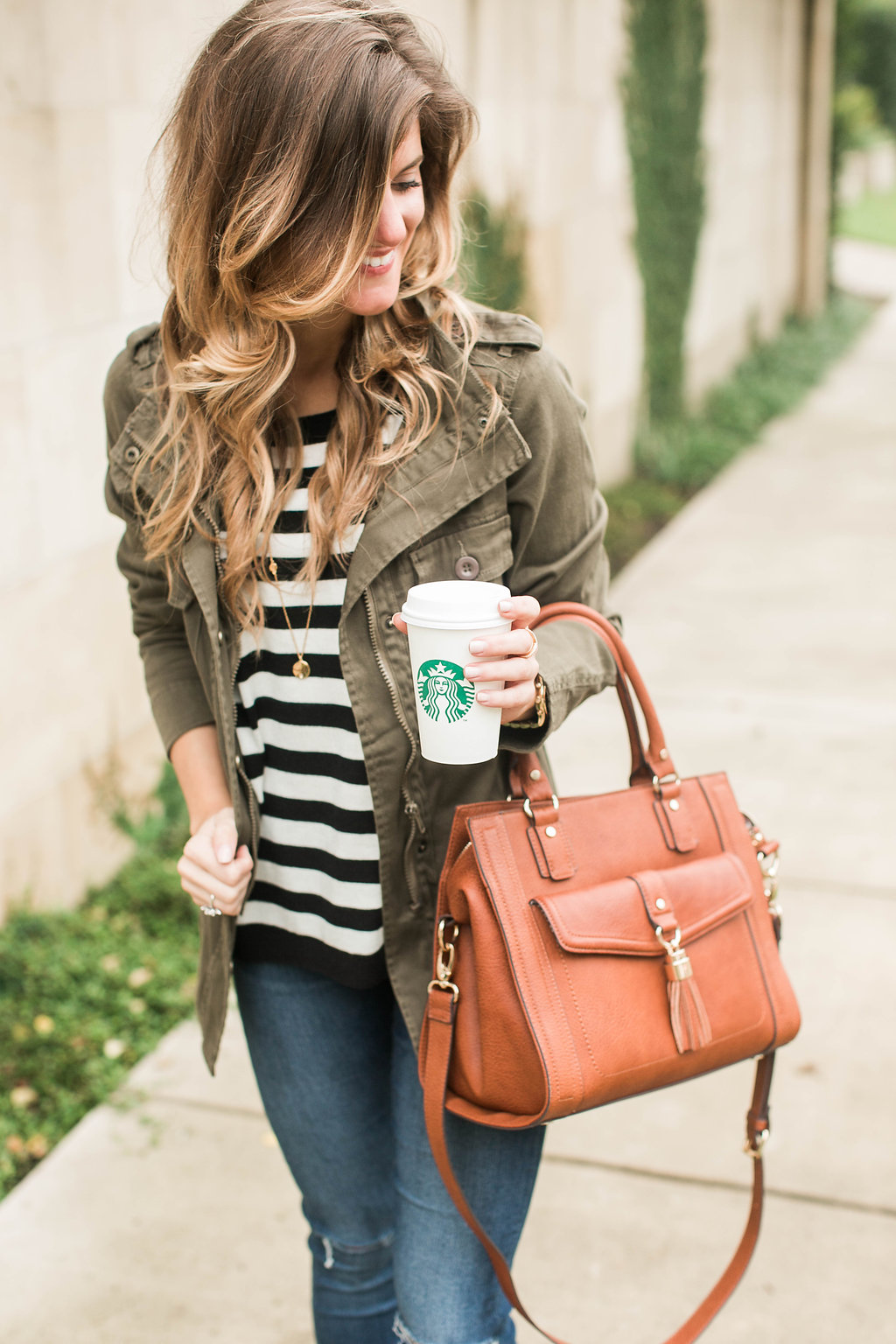 Simple Cute Fall Outfit Idea Stripes Cognac Green Military Jacket