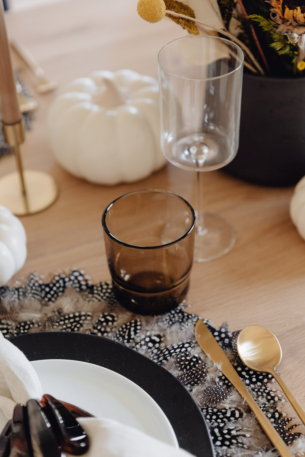 taupe and black table setting, fall tablescape, place setting, our place stackable glasses