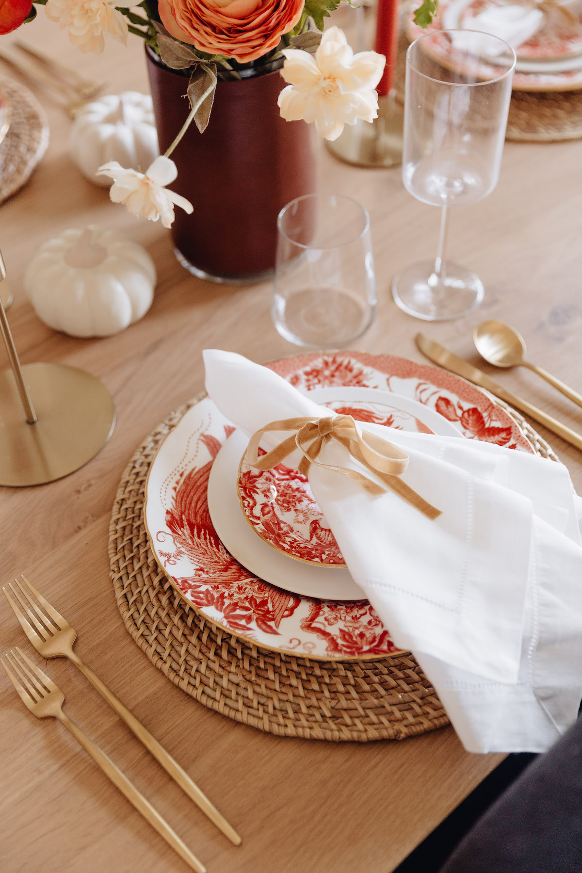 Brighton Butler Fall Tablescape with orange china and candles