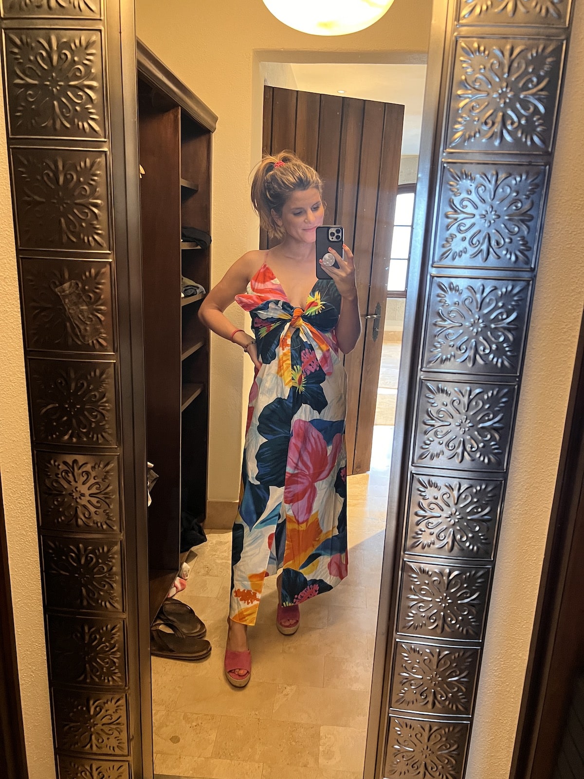 Brighton Butler wearing floral mara hoffman dress with Veronica Beard wedges san miguel mexico