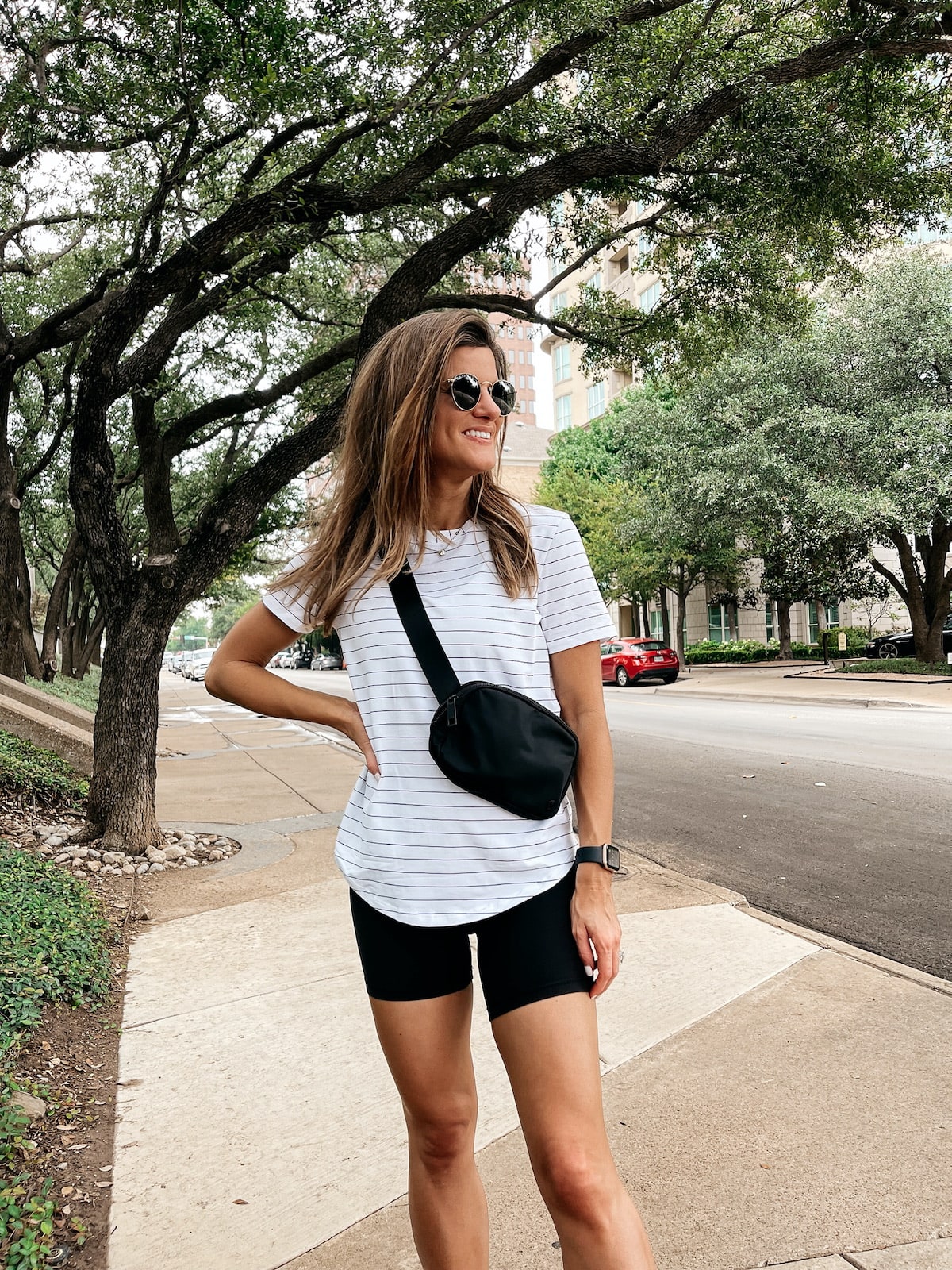 Brighton Butler lululemon black align biker shorts and striped love crew tee