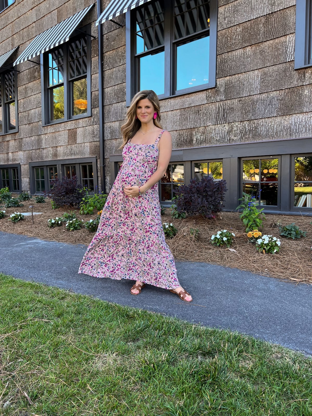 Brighton Butler wearing sokie lowback floral dress in high hampton NC