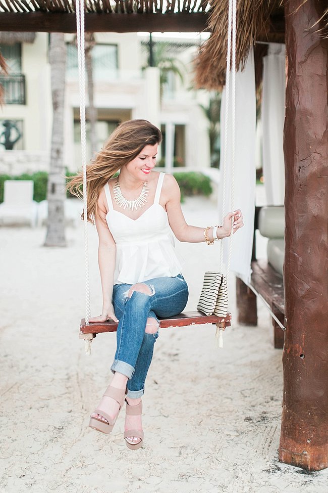 Brightontheday wearing 1.state peplum top, kendra scott statement necklace on azul beach swing