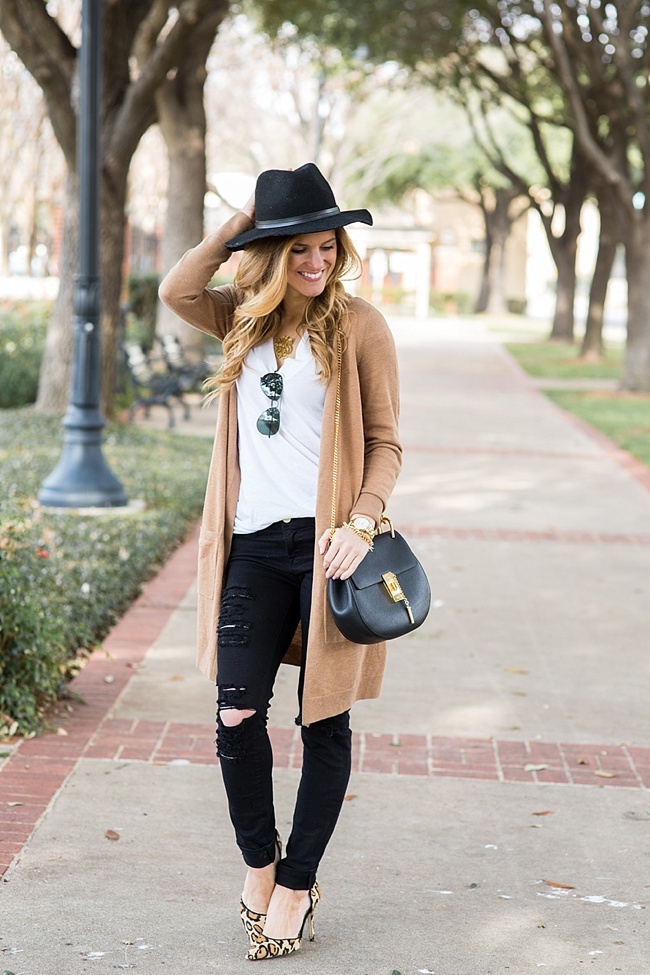 brightontheday wearing long camel cardigan, chloe drew bag, black fedora hat, leopard heels