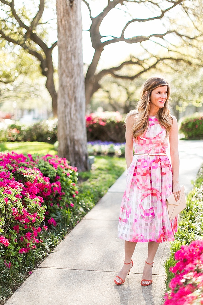 Brighton the day styling floral fit and flare dress with red sandals 