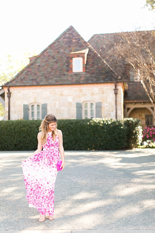 Brighton the day seen wearing fun and flirty floral maxi dress with loefller randall pink clutch and cork sandals 