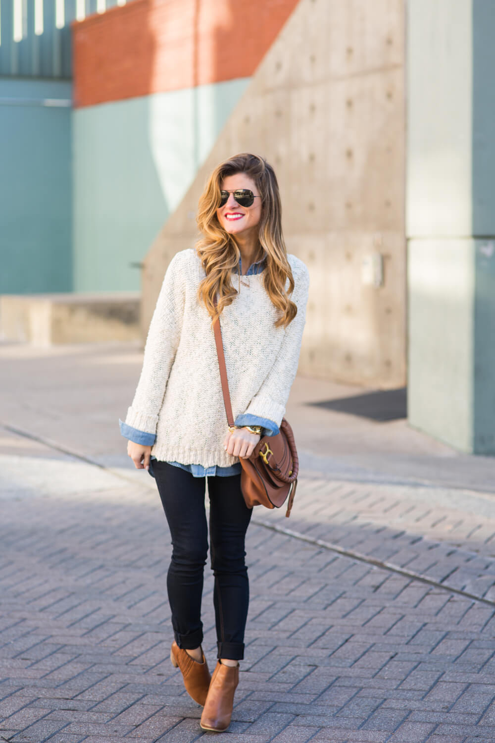 denim shirt + dark skinny jeans + chloe marcie bag + cream sweater