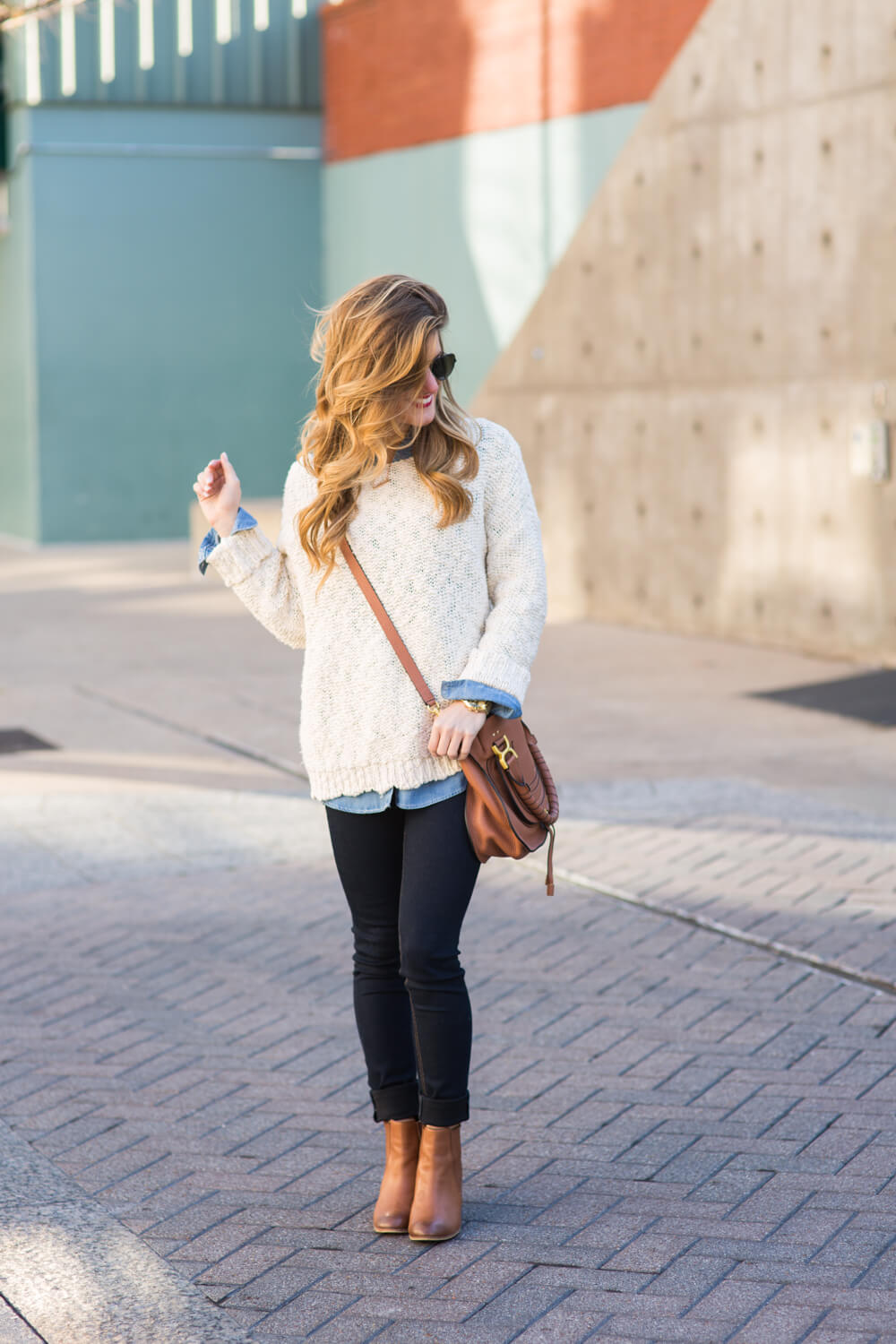 jean shirt + oversized sweater + kendra scott bar necklace + chloe marcie bag 