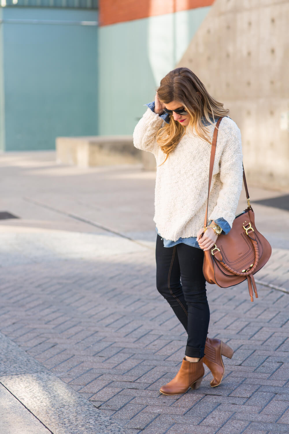 oversized sweater + chambray shirt + chloe marcie bag + aviators