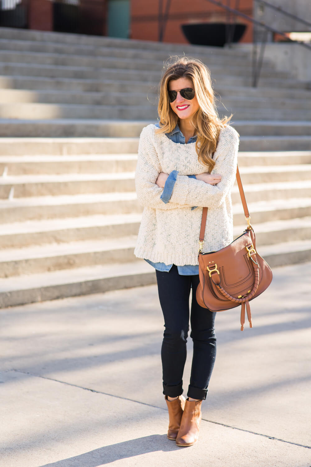 jean shirt + oversized sweater + booties 