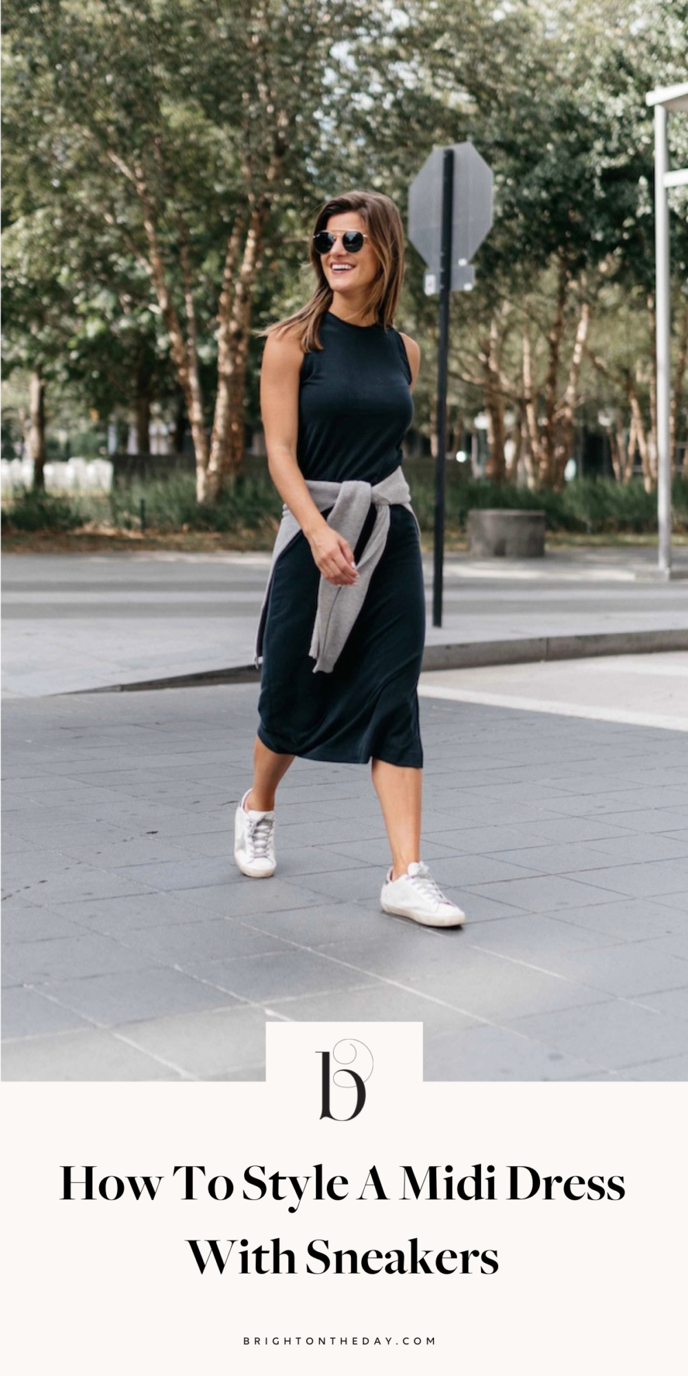 brighton keller wearing black midi dress with sweater and sneakers