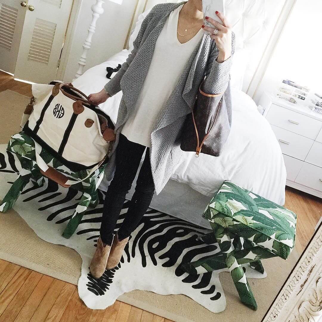 grey cardigan, black jeans, rag and bone suede booties, monogram overnight bag