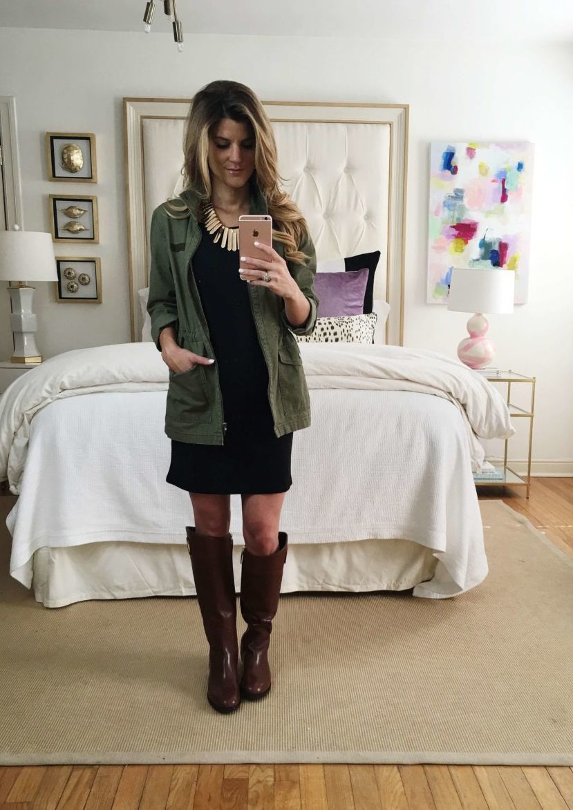 black dress + utility jacket + riding boots