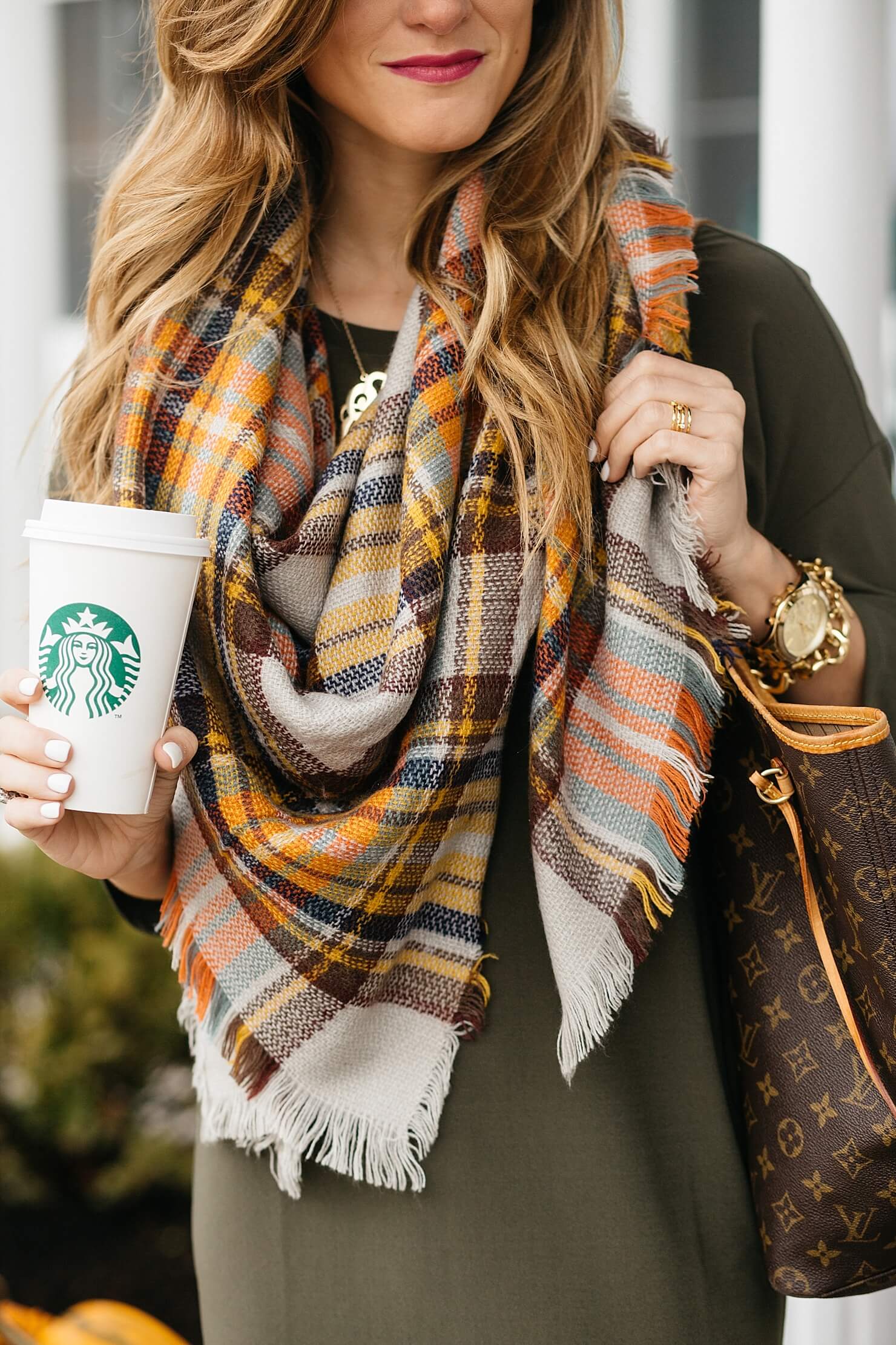 Fall dress and scarf outfit, Leith olive green 3/4 sleeved-dress, plaid blanket sarf, michael kors watch and baublebar bracelet, LV neverfull monogram tote, hot pink YSL No. 07 Lipstick