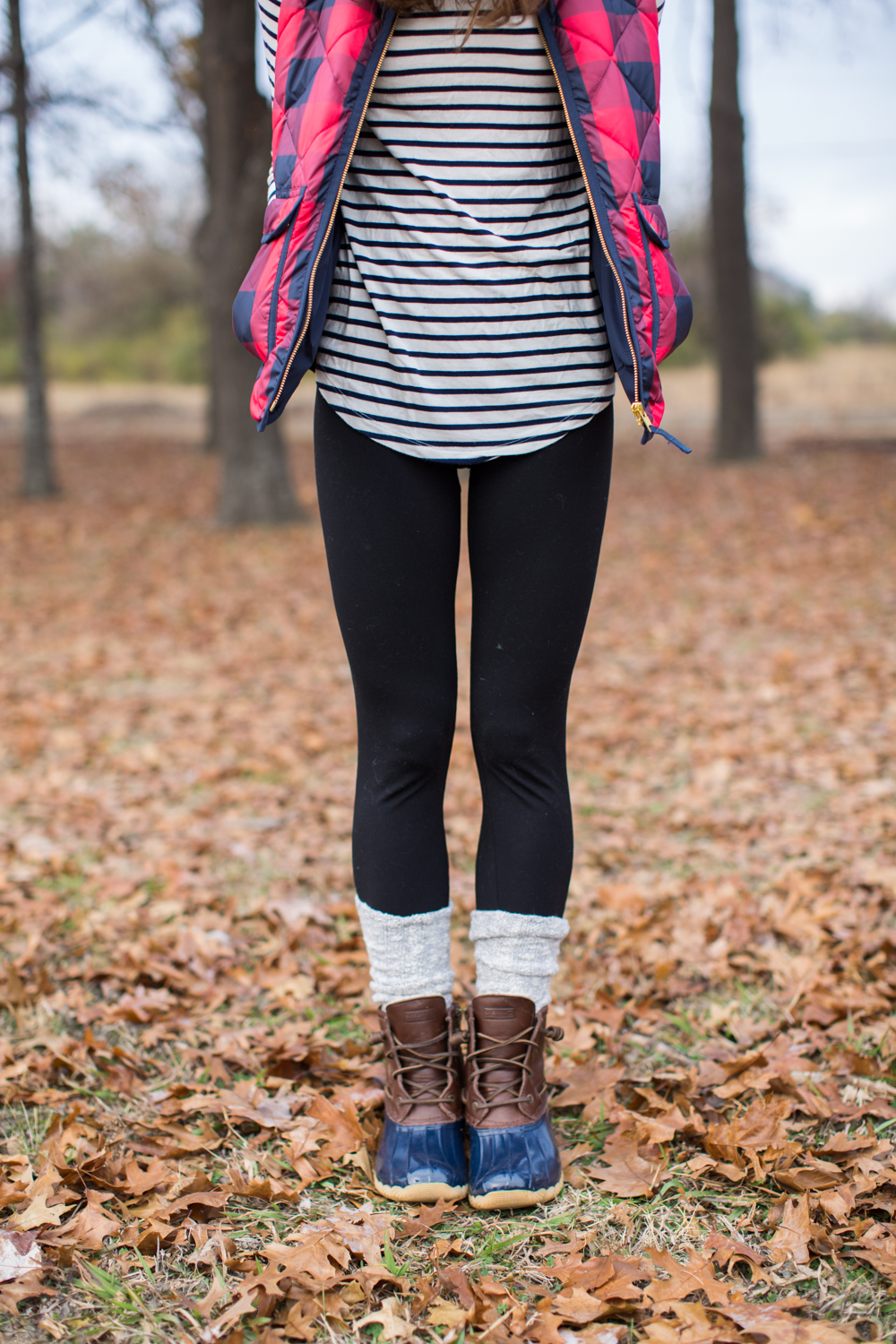 Fall Outfit Plaid Puffer Vest and Duck Boots