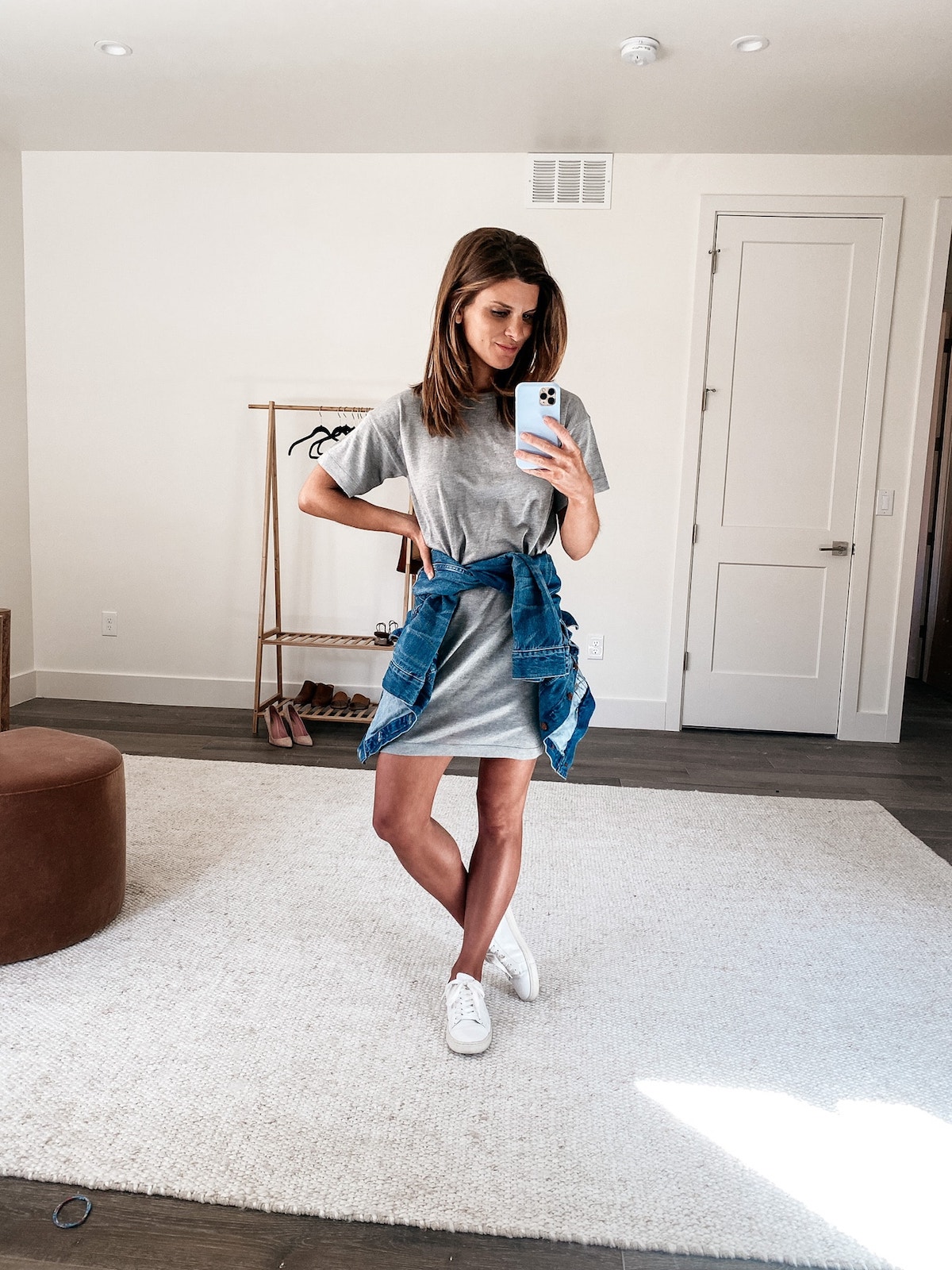 Brighton Keller wearing t-shirt dress with jean jacket