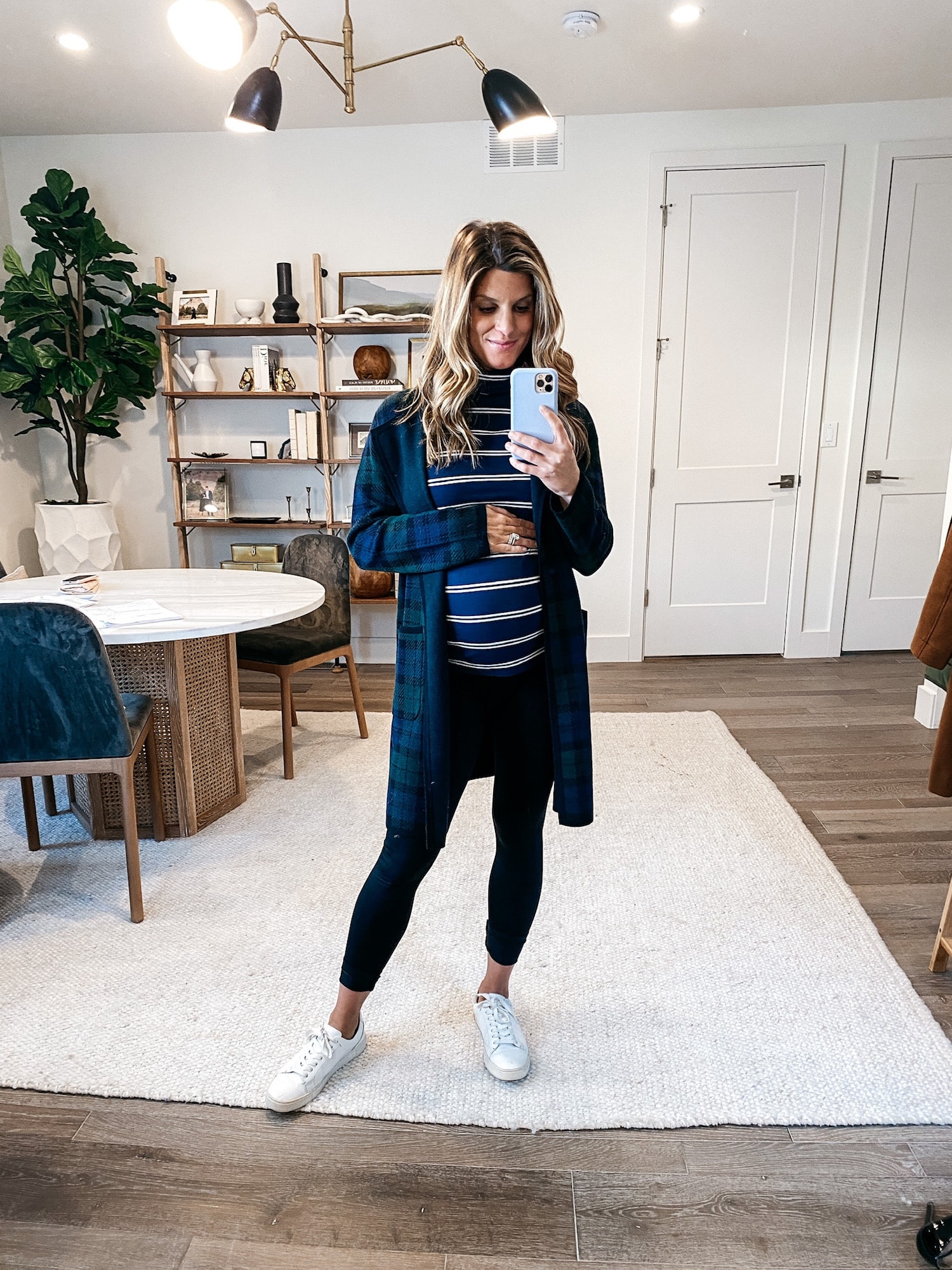 JCrew striped turtleneck and tartan coatigan