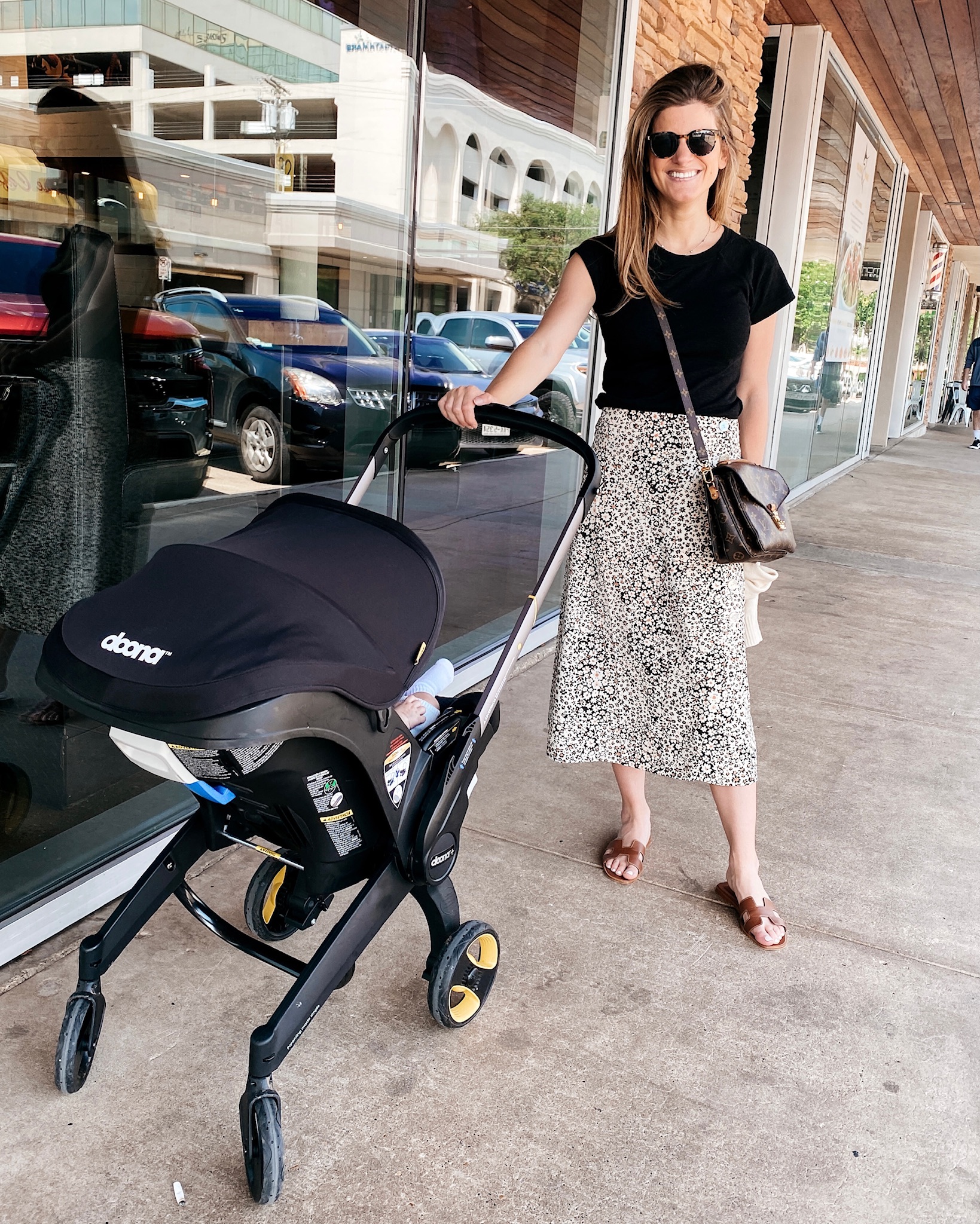 Brighton butler wearing patterned tee and black tee from madewell