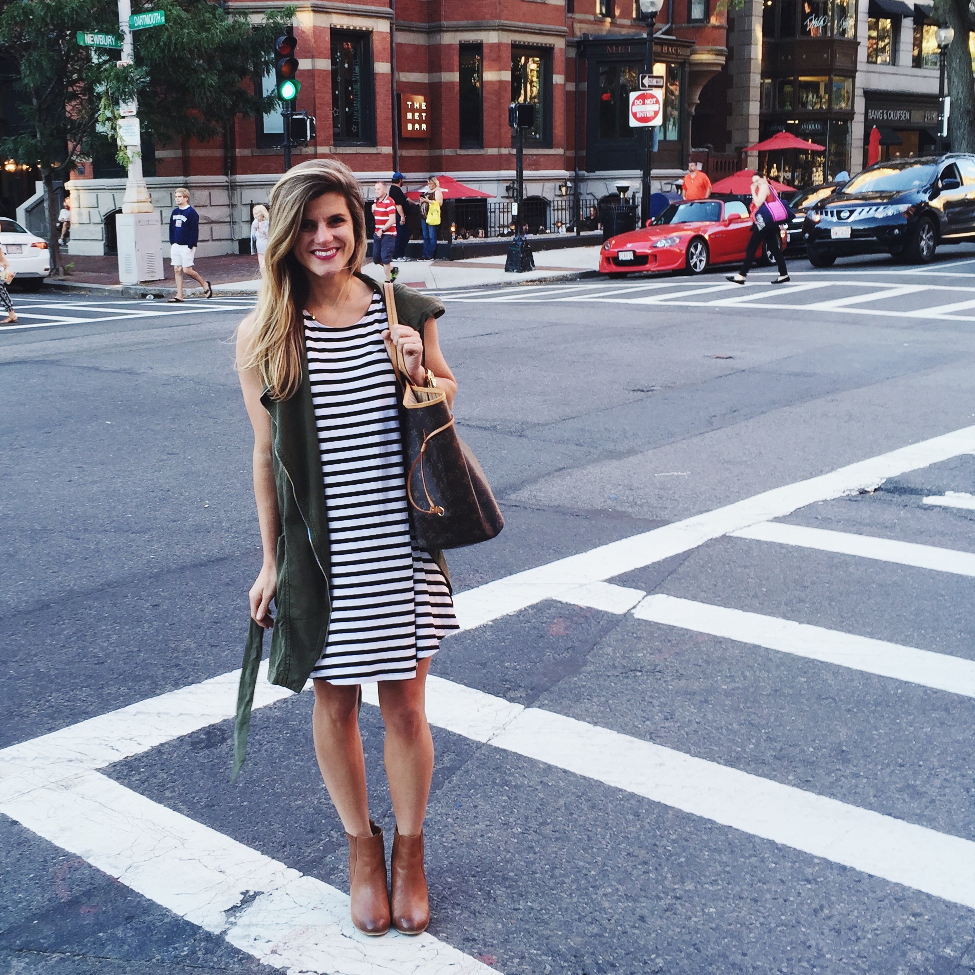 stripe dress, vest, brown booties