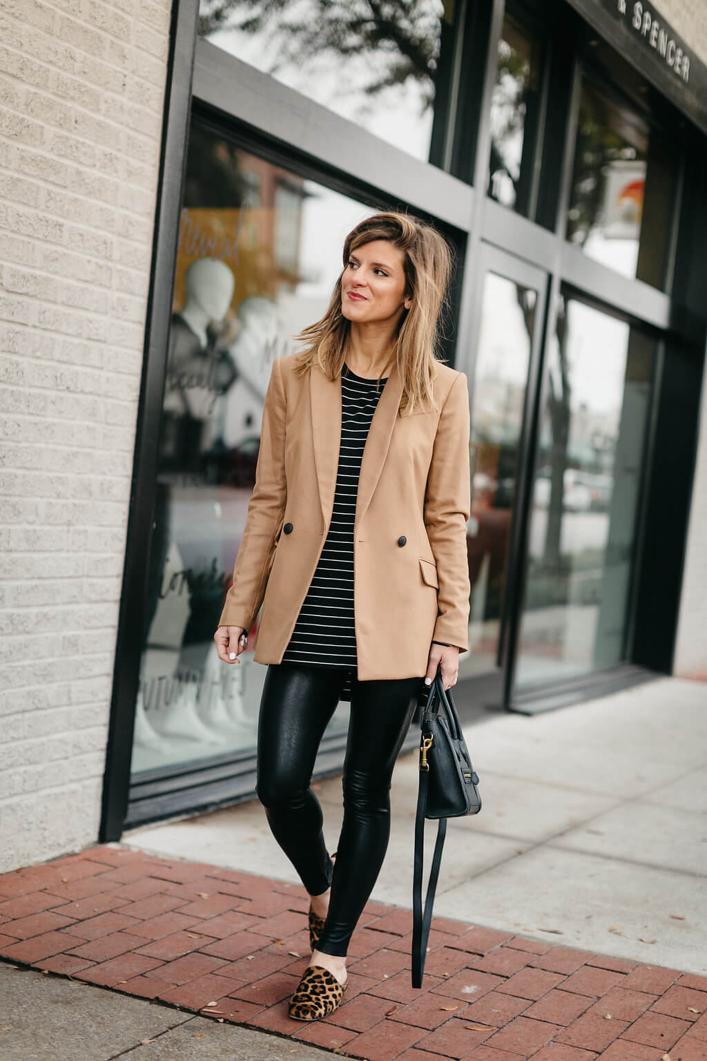 camel blazer, leather leggings, striped tee 