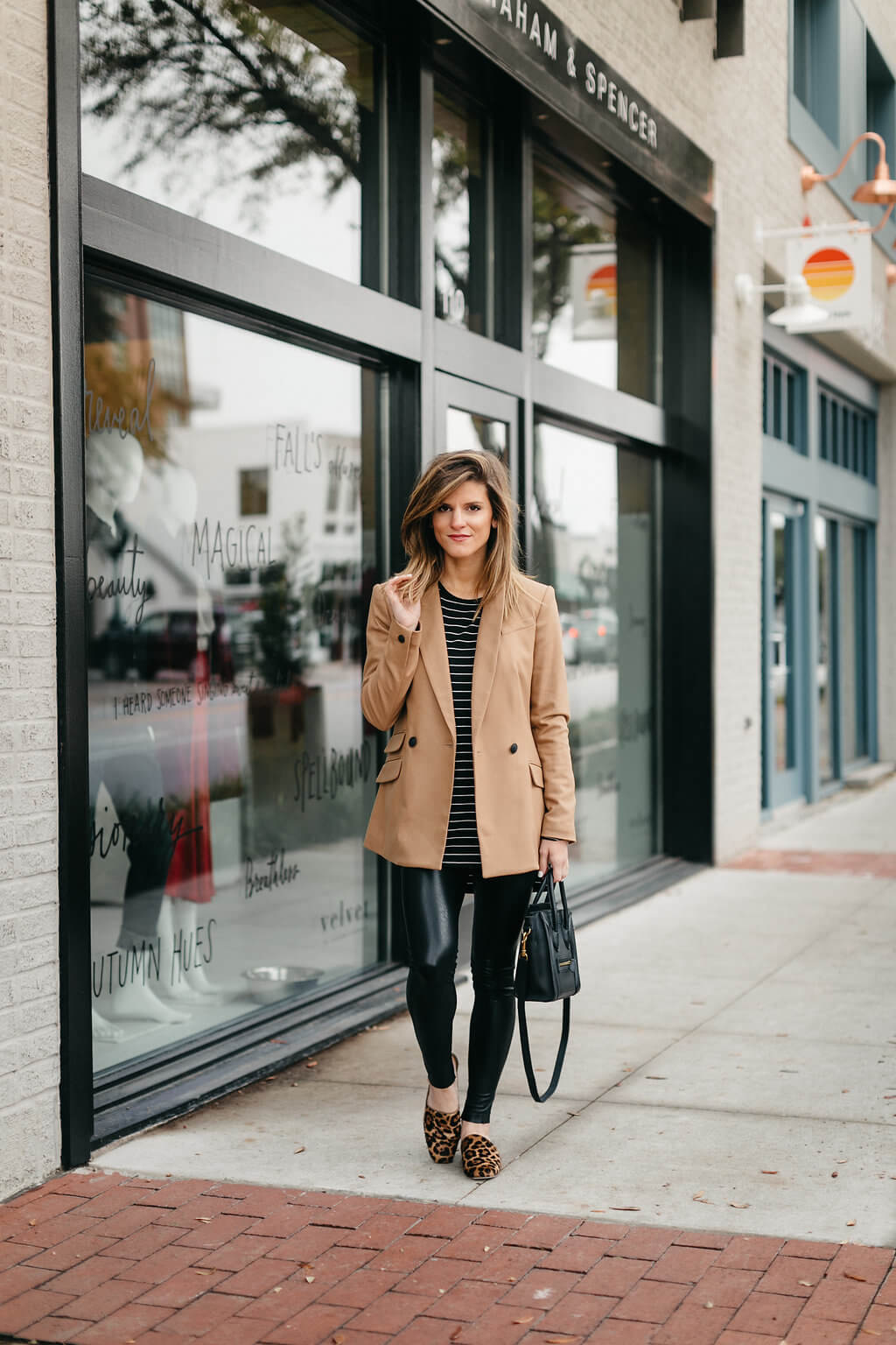 camel blazer, leather leggings, striped tee 