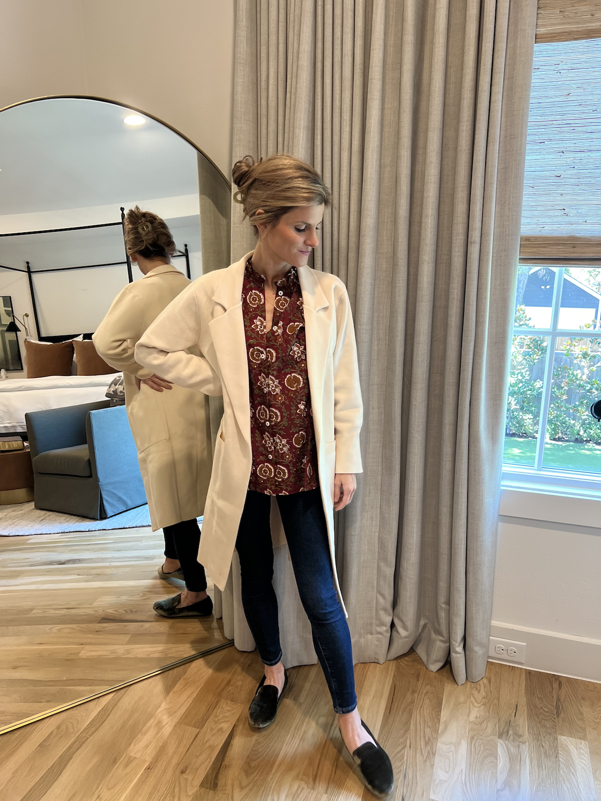 brighton butler long blazer and jeans