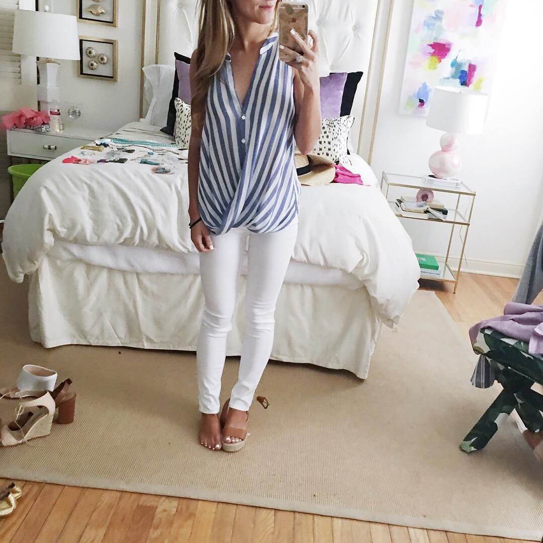 white jeans with blue and white striped top