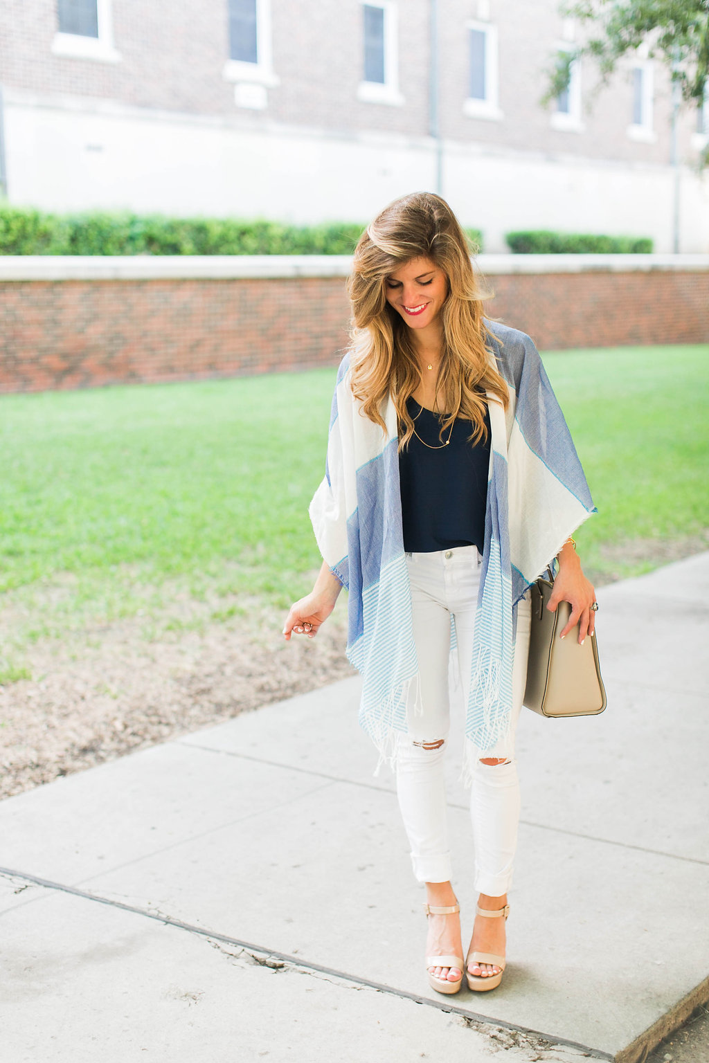 summer poncho over navy tank