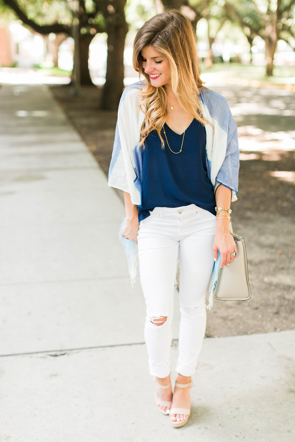 summer poncho over navy tank