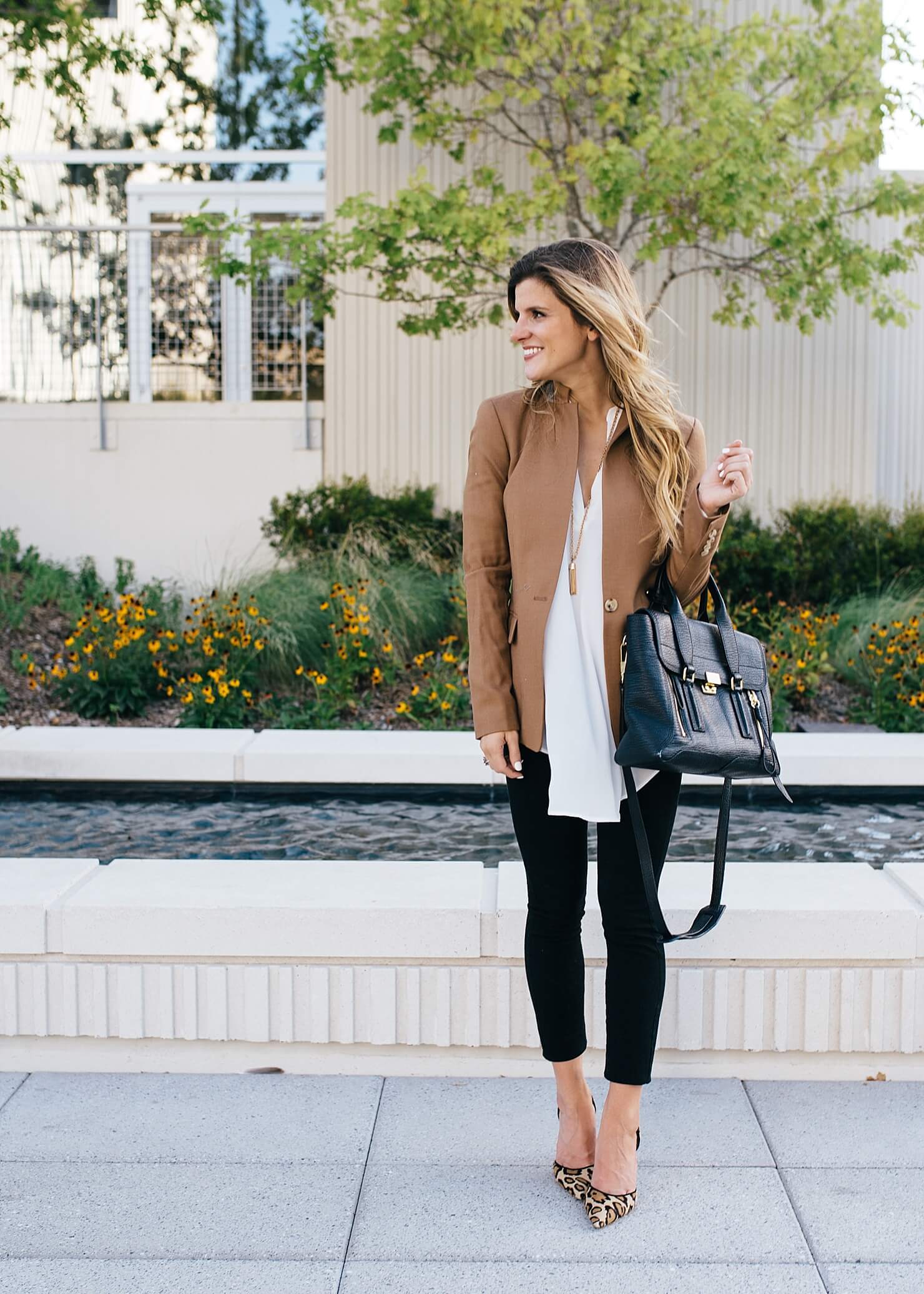 camel blazer + white tunic + black pants + leopard heel