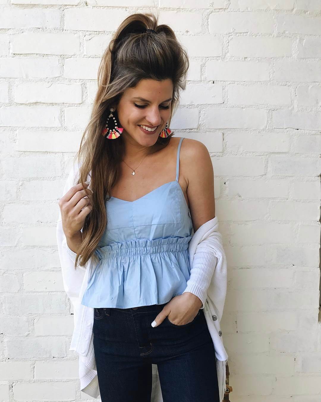 blue peplum tank and white cardigan