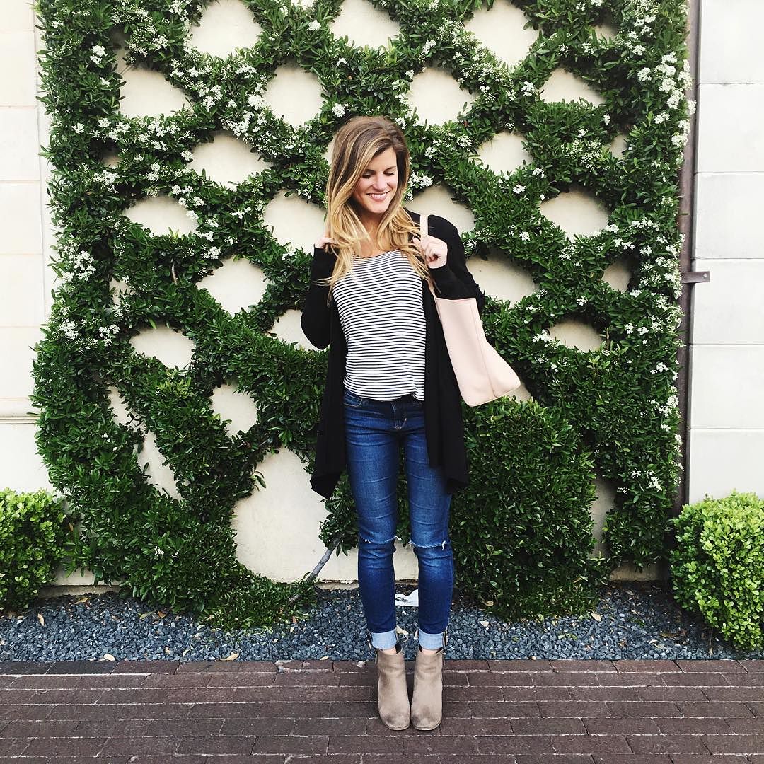 brightonkeller instagram photo ootd wearing stripe tee, black cardigan, skinny jeans and booties