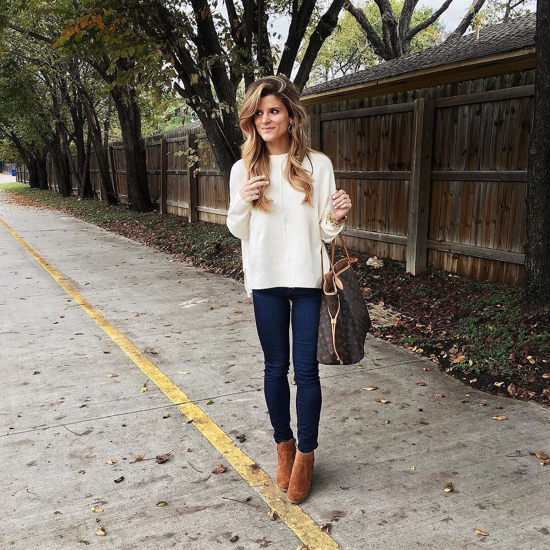 brighton kelller styling cream sweater and congac booties