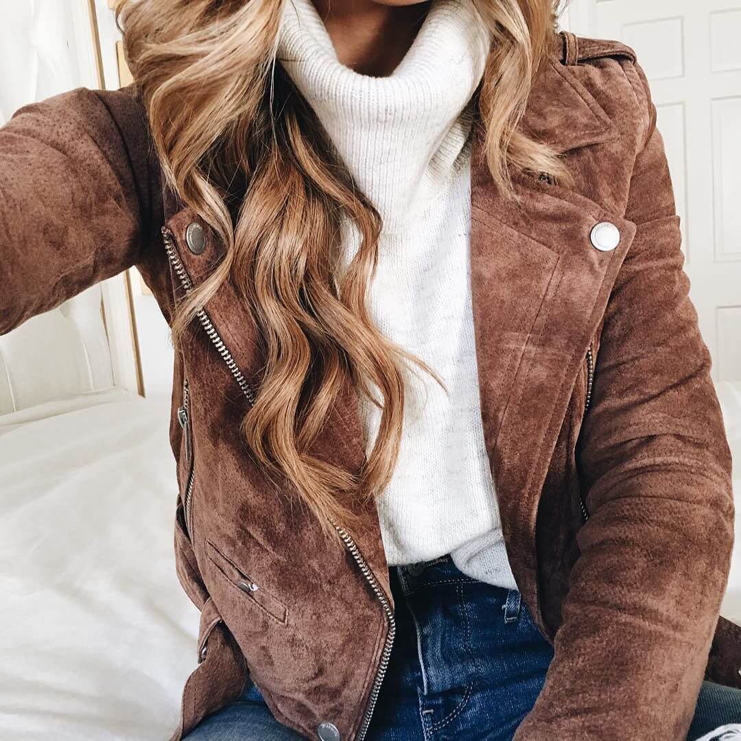 BLANK NYC suede moto jacket and turtleneck