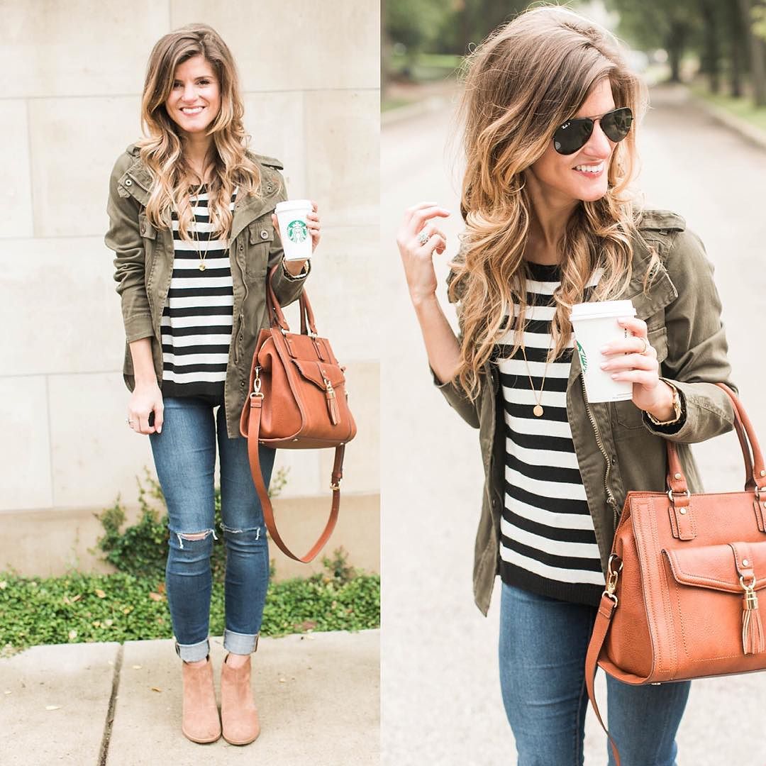 striped sweater and utility jacket outfit