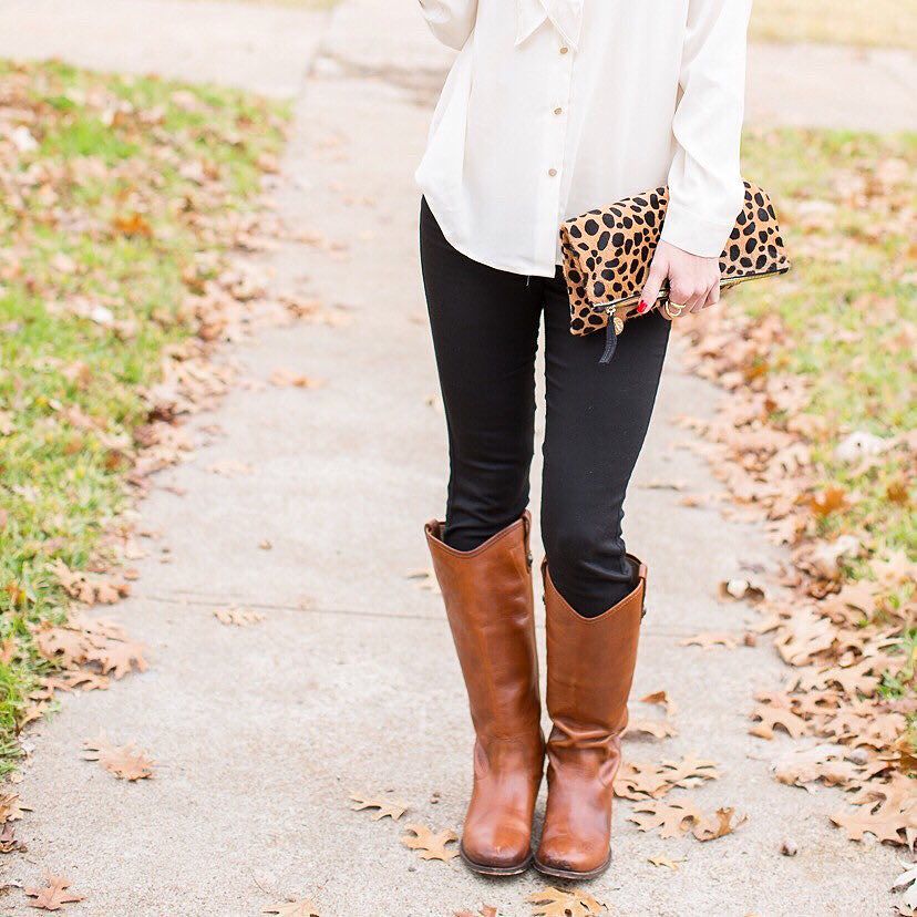 frye boots marked down! frye boots, cream blouse, and leopard clutch