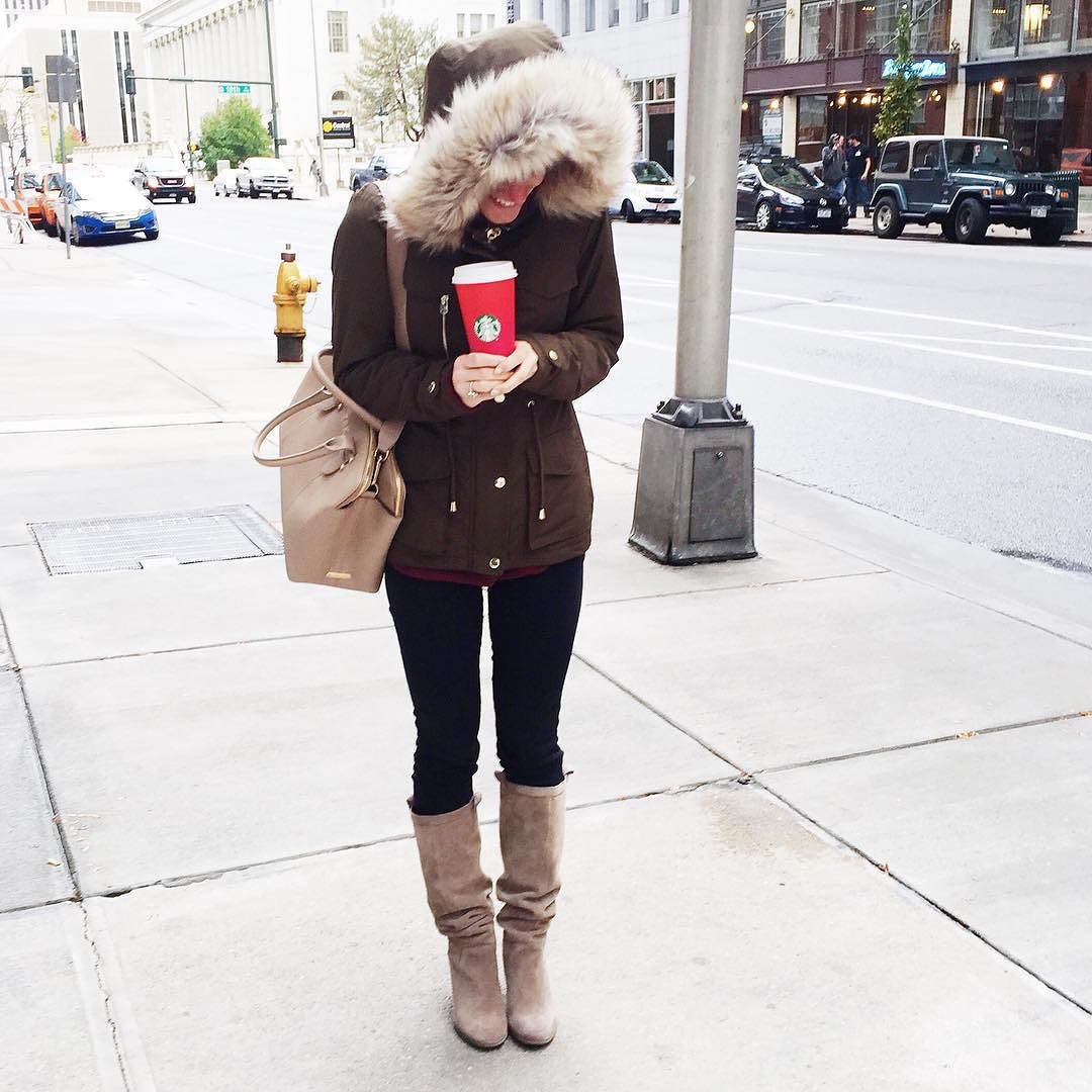 cutest parka is currently 50% OFF fitted parka, black jeans and tall suede boots