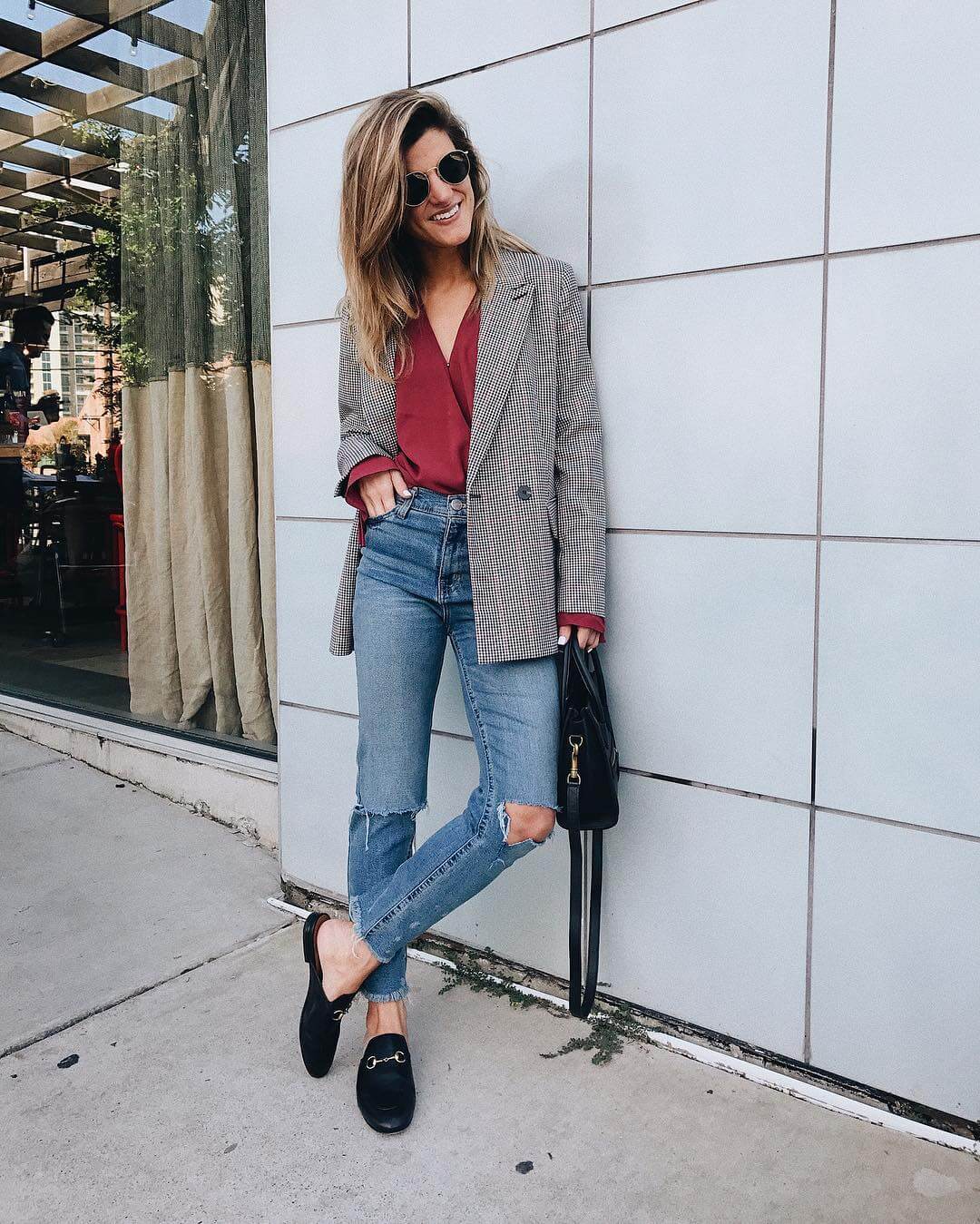 plaid blazer, burgundy blouse with mom jeans and slides